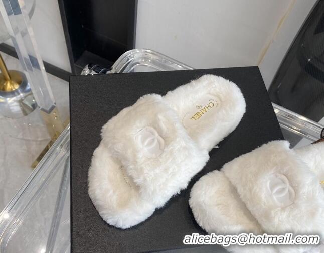 Best Design Chanel Fur CC Flat Slide Sandals White 112299