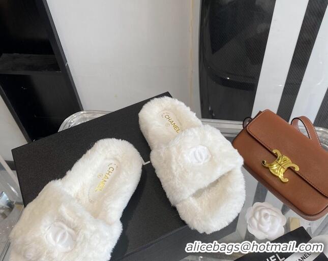 Best Design Chanel Fur CC Flat Slide Sandals White 112299