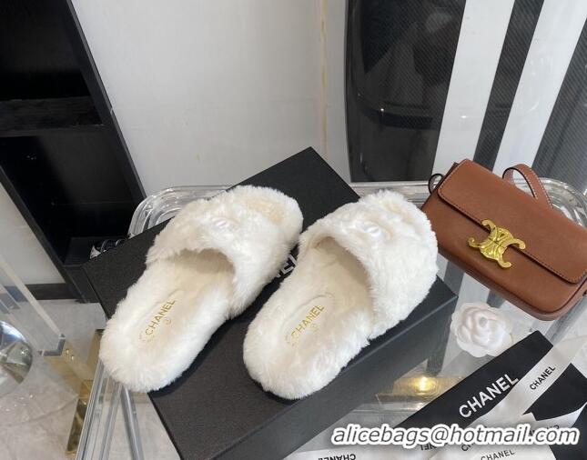 Best Design Chanel Fur CC Flat Slide Sandals White 112299