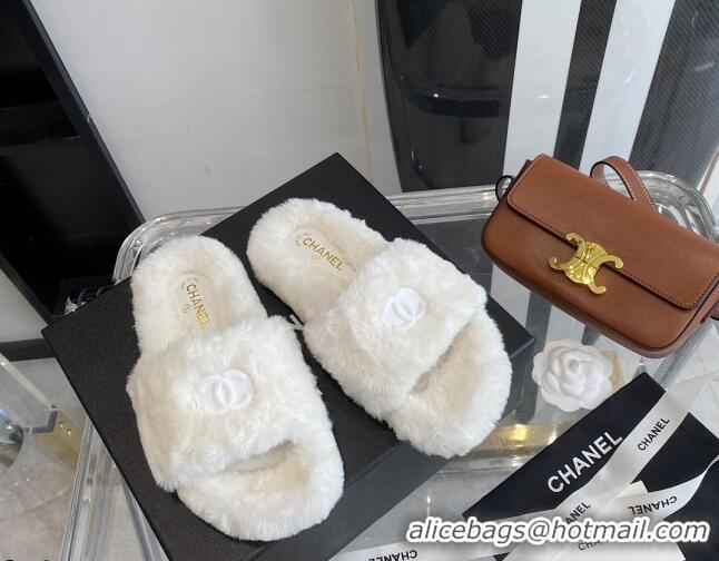 Best Design Chanel Fur CC Flat Slide Sandals White 112299