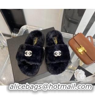 Best Price Chanel Fur CC Flat Slide Sandals 112299 Black