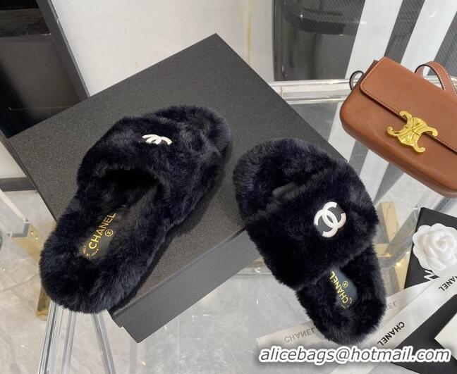 Best Price Chanel Fur CC Flat Slide Sandals 112299 Black