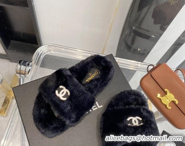 Best Price Chanel Fur CC Flat Slide Sandals 112299 Black