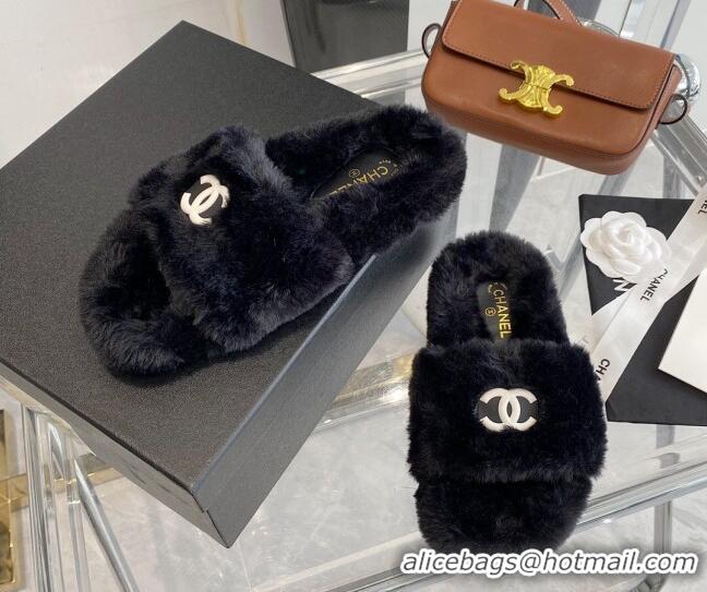 Best Price Chanel Fur CC Flat Slide Sandals 112299 Black