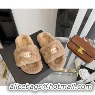 Perfect Chanel Fur CC Flat Slide Sandals 112299 Brown