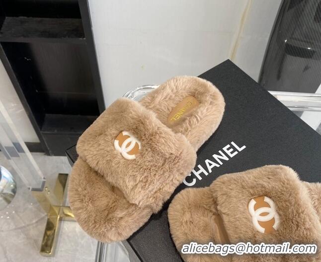 Perfect Chanel Fur CC Flat Slide Sandals 112299 Brown