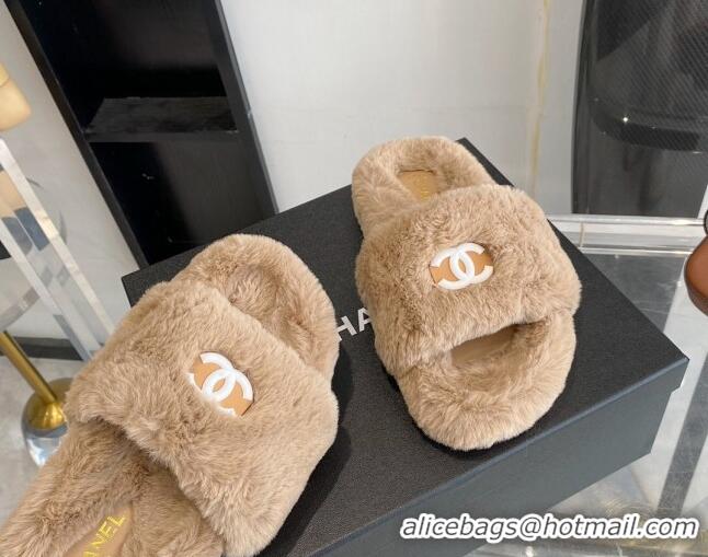 Perfect Chanel Fur CC Flat Slide Sandals 112299 Brown