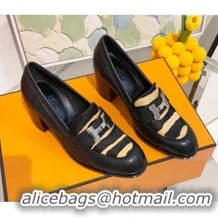 Perfect Hermes Dauphine Calfskin Horsehair High Heel Pumps 8.5cm 091805 Black/Beige