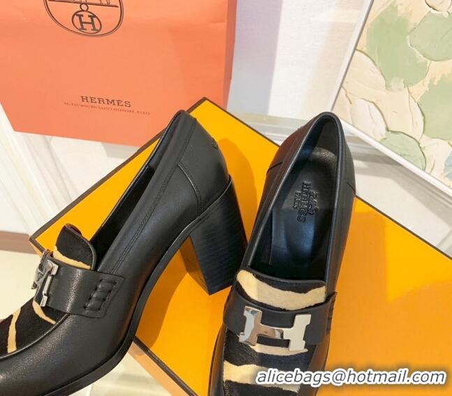 Perfect Hermes Dauphine Calfskin Horsehair High Heel Pumps 8.5cm 091805 Black/Beige