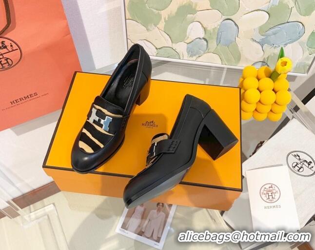 Perfect Hermes Dauphine Calfskin Horsehair High Heel Pumps 8.5cm 091805 Black/Beige