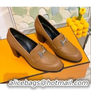 New Style Hermes Dauphine Calfskin Horsehair High Heel Pumps 8.5cm 091806 Brown