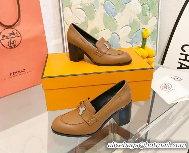 New Style Hermes Dauphine Calfskin Horsehair High Heel Pumps 8.5cm 091806 Brown