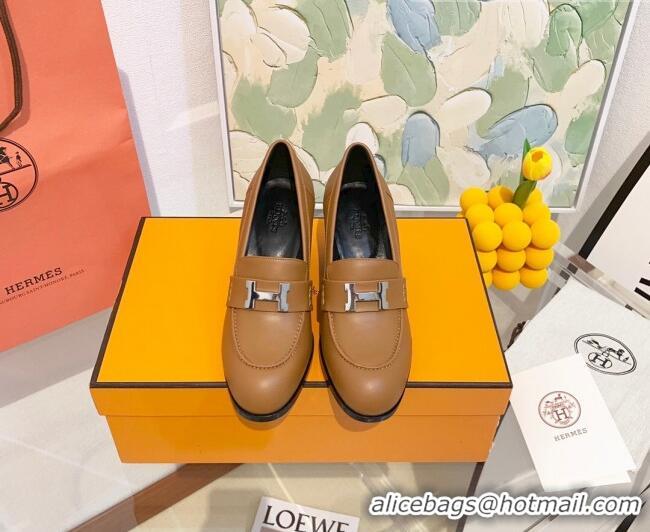 New Style Hermes Dauphine Calfskin Horsehair High Heel Pumps 8.5cm 091806 Brown