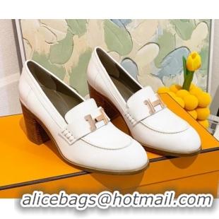 Best Luxury Hermes Dauphine Goatskin High Heel Pumps 8.5cm 091807 White/Gold