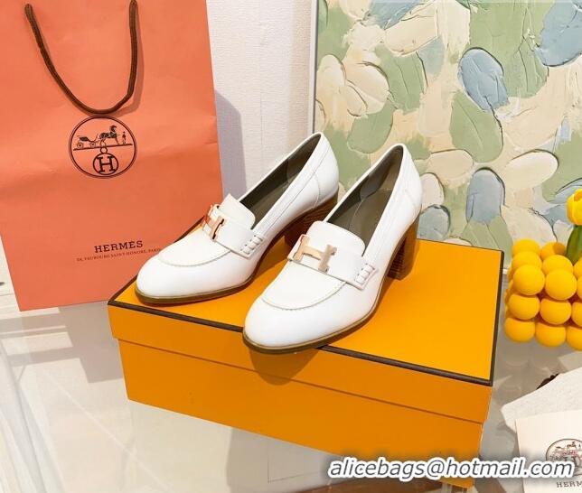 Best Luxury Hermes Dauphine Goatskin High Heel Pumps 8.5cm 091807 White/Gold