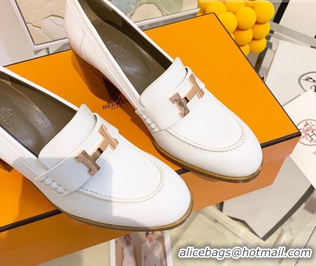 Best Luxury Hermes Dauphine Goatskin High Heel Pumps 8.5cm 091807 White/Gold