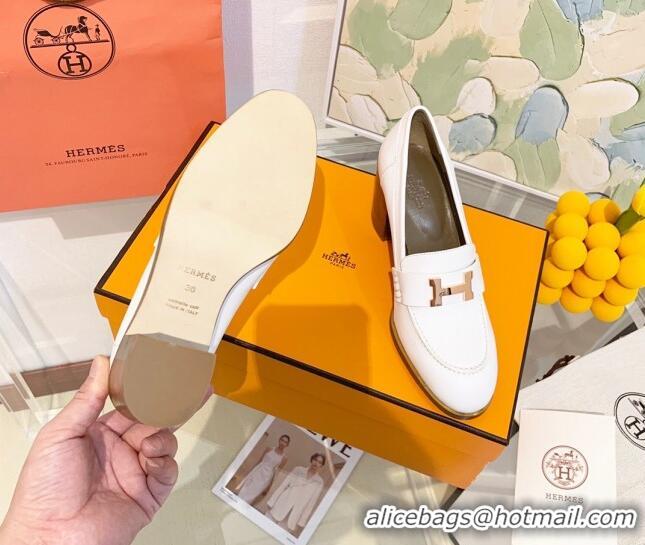 Best Luxury Hermes Dauphine Goatskin High Heel Pumps 8.5cm 091807 White/Gold