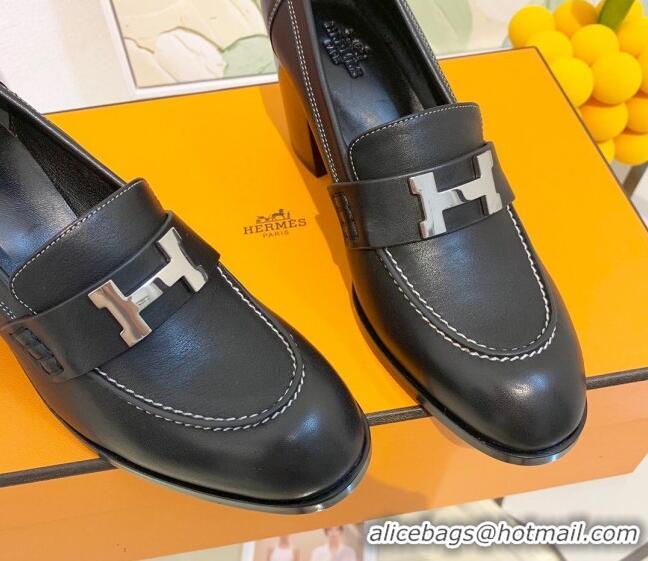 Super Quality Hermes Dauphine Goatskin High Heel Pumps 8.5cm 091807 Black/Silver