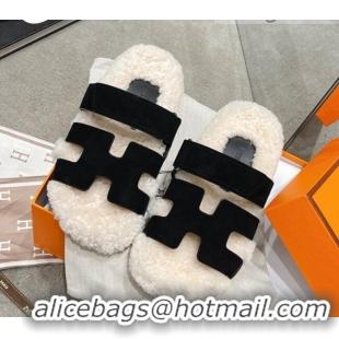 Good Quality Hermes Chypre Shearling and Suede Flat Sandals 092549 Black