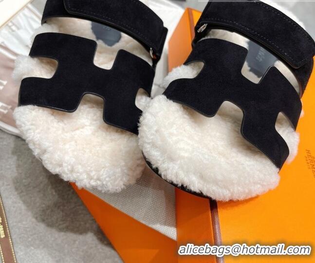 Good Quality Hermes Chypre Shearling and Suede Flat Sandals 092549 Black