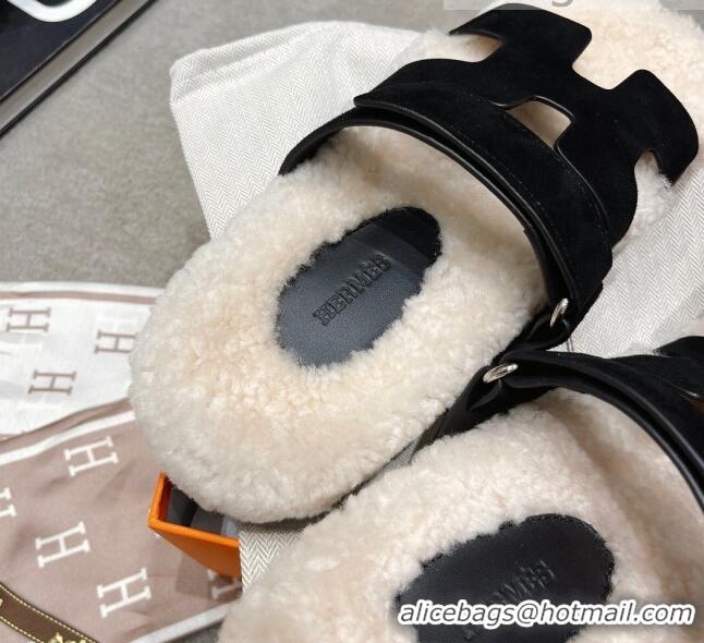 Good Quality Hermes Chypre Shearling and Suede Flat Sandals 092549 Black