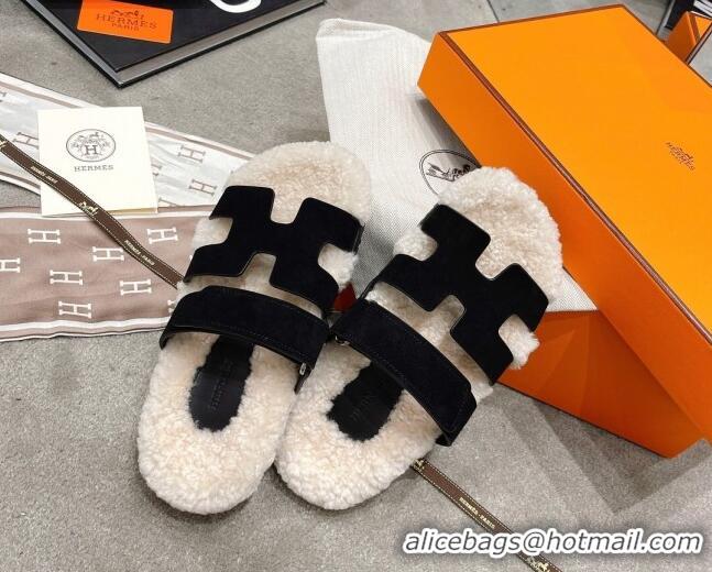 Good Quality Hermes Chypre Shearling and Suede Flat Sandals 092549 Black