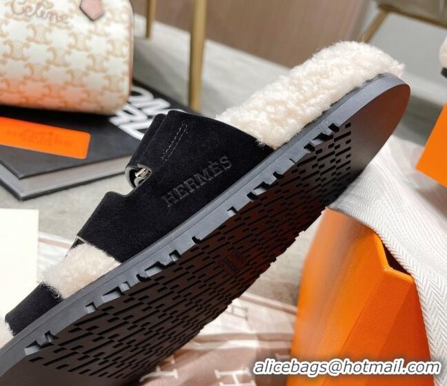 Good Quality Hermes Chypre Shearling and Suede Flat Sandals 092549 Black