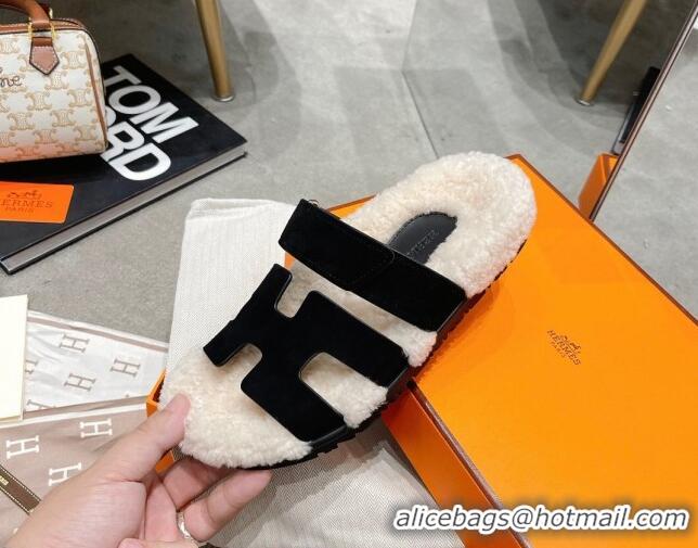 Good Quality Hermes Chypre Shearling and Suede Flat Sandals 092549 Black