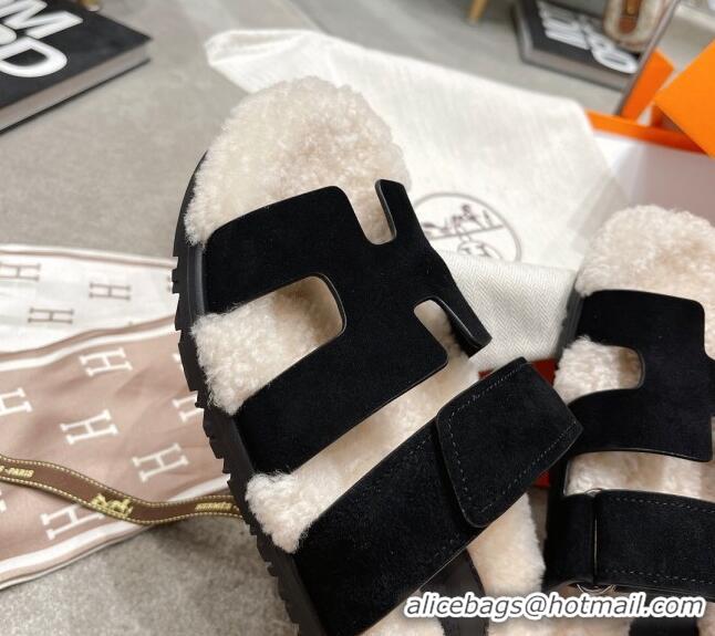 Good Quality Hermes Chypre Shearling and Suede Flat Sandals 092549 Black