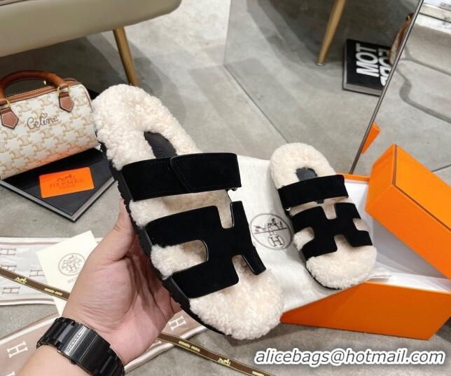 Good Quality Hermes Chypre Shearling and Suede Flat Sandals 092549 Black