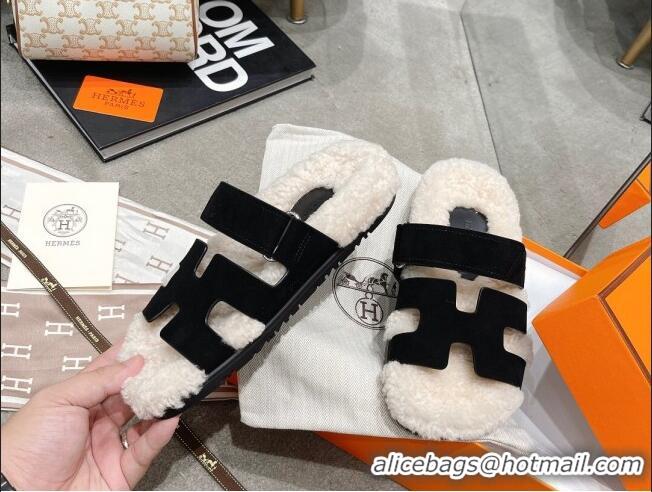 Good Quality Hermes Chypre Shearling and Suede Flat Sandals 092549 Black