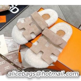 Top Quality Hermes Chypre Shearling and Suede Flat Sandals 092549 Beige