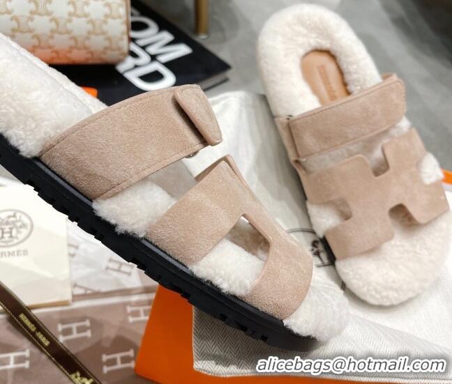 Top Quality Hermes Chypre Shearling and Suede Flat Sandals 092549 Beige