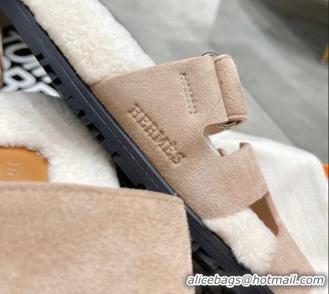 Top Quality Hermes Chypre Shearling and Suede Flat Sandals 092549 Beige