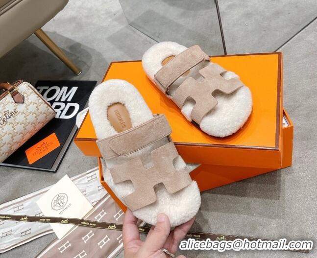 Top Quality Hermes Chypre Shearling and Suede Flat Sandals 092549 Beige