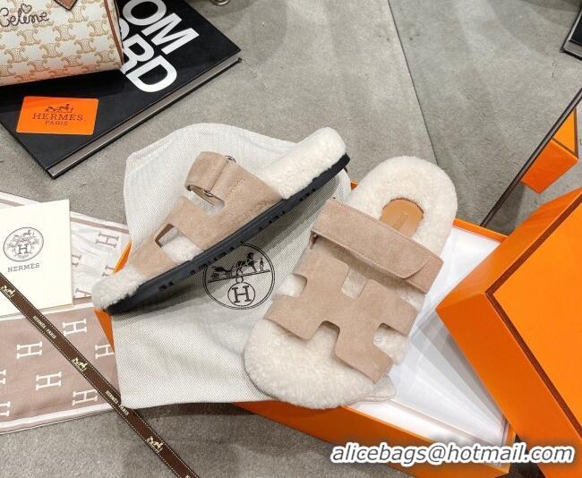 Top Quality Hermes Chypre Shearling and Suede Flat Sandals 092549 Beige