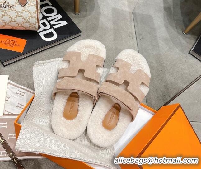 Top Quality Hermes Chypre Shearling and Suede Flat Sandals 092549 Beige