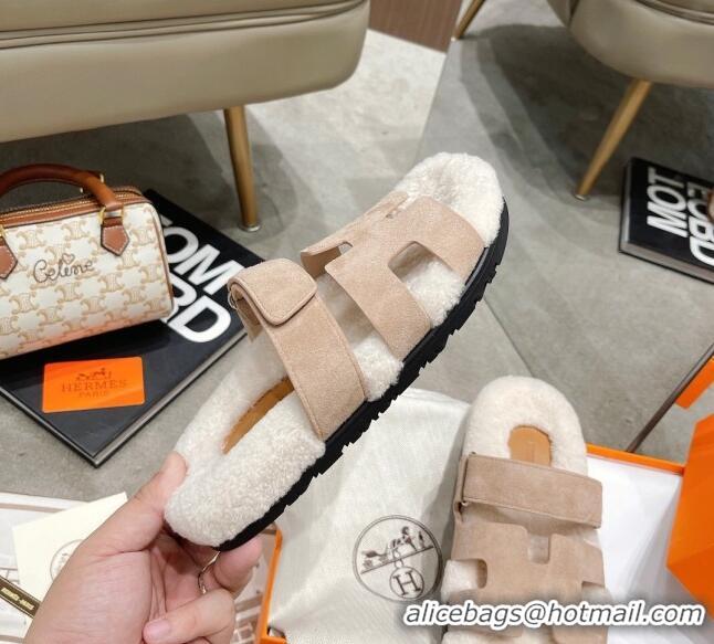 Top Quality Hermes Chypre Shearling and Suede Flat Sandals 092549 Beige