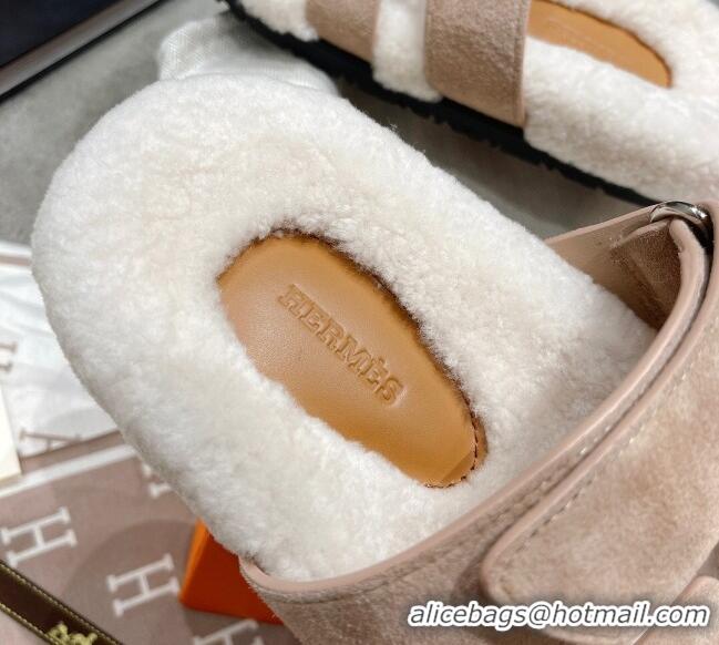 Top Quality Hermes Chypre Shearling and Suede Flat Sandals 092549 Beige