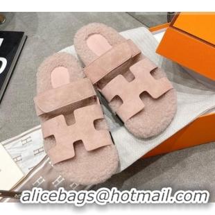 Good Product Hermes Chypre Shearling and Suede Flat Sandals 092549 Light Pink