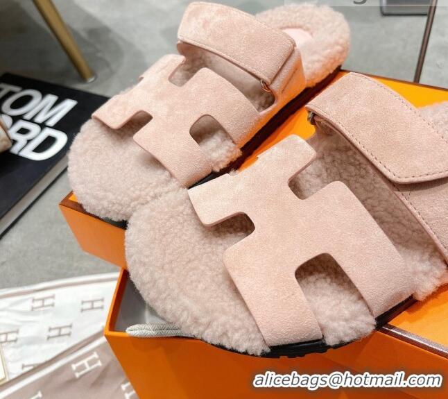 Good Product Hermes Chypre Shearling and Suede Flat Sandals 092549 Light Pink