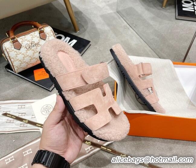 Good Product Hermes Chypre Shearling and Suede Flat Sandals 092549 Light Pink