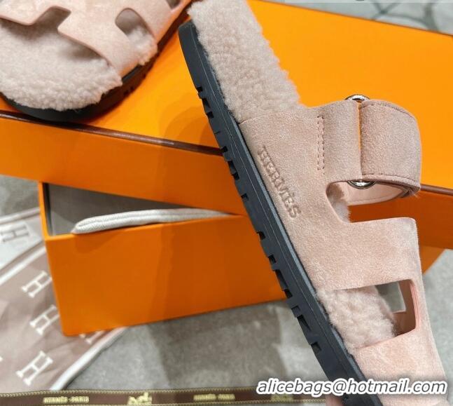 Good Product Hermes Chypre Shearling and Suede Flat Sandals 092549 Light Pink