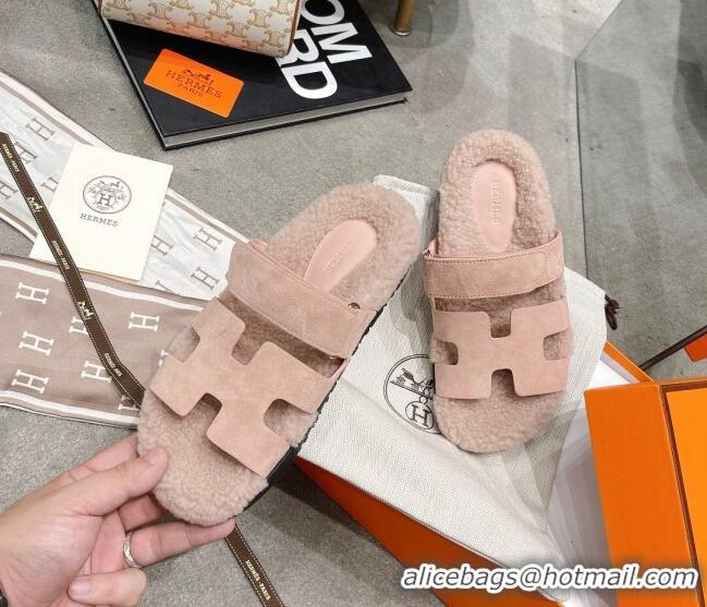 Good Product Hermes Chypre Shearling and Suede Flat Sandals 092549 Light Pink