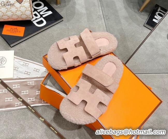 Good Product Hermes Chypre Shearling and Suede Flat Sandals 092549 Light Pink