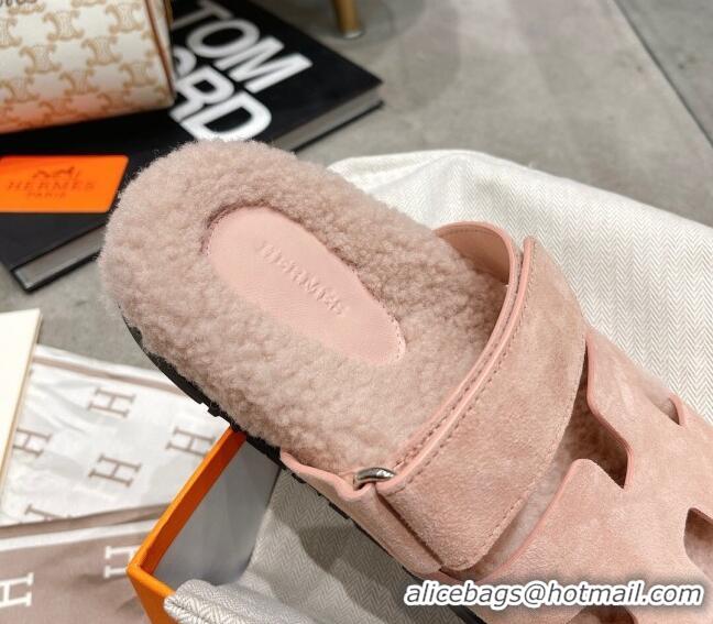 Good Product Hermes Chypre Shearling and Suede Flat Sandals 092549 Light Pink