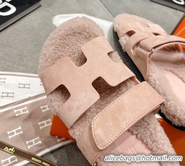 Good Product Hermes Chypre Shearling and Suede Flat Sandals 092549 Light Pink