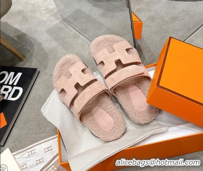 Good Product Hermes Chypre Shearling and Suede Flat Sandals 092549 Light Pink