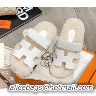 Low Cost Hermes Chypre Shearling and Suede Flat Sandals 092549 White