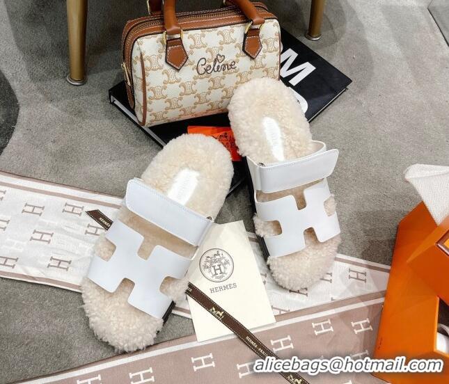 Low Cost Hermes Chypre Shearling and Suede Flat Sandals 092549 White